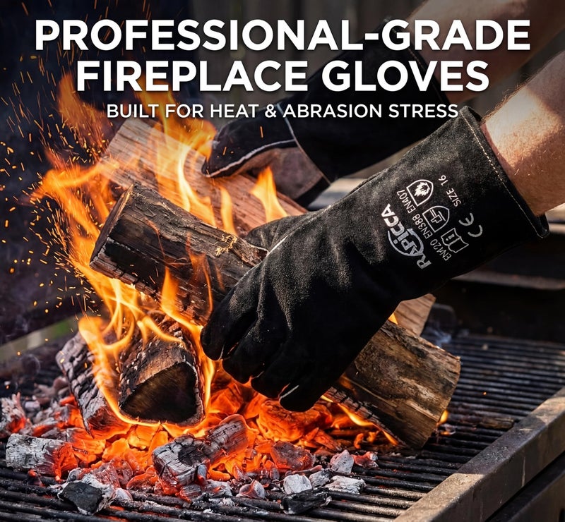 RAPICCA Fireplace Gloves Fire Heat Resistant: Black 14IN - Fireproof Leather for Fireplace Fire Pit Wood Stove Campfire Furnace BBQ Grill Oven Stick Mig Welding Welder Gear - Birthday Gift for men - Image 3